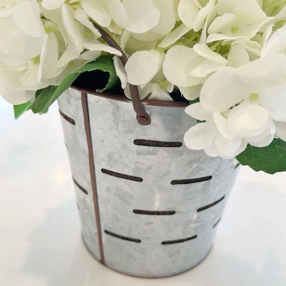 Faux White Hydrangeas Arrangement In Metal Can NWOT